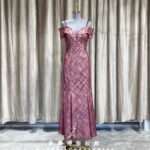 紅色條紋蕾絲繡花卡肩媽媽禮服