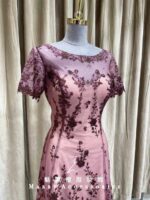 紫色透膚U領古典繡花媽媽禮服