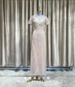 粉色古典繡花蕾絲流線媽媽禮服