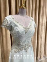 綠色拼鑽V領絲絨媽媽禮服