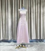 粉色緞面刺繡花A字媽媽禮服