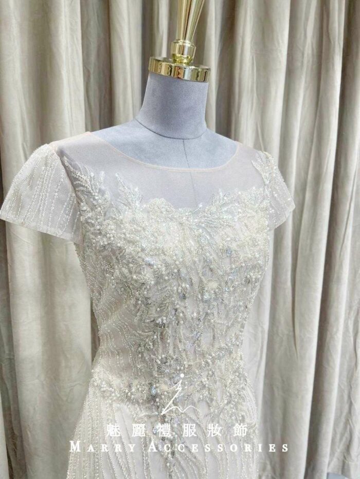 粉色典雅金線立體刺繡媽媽禮服