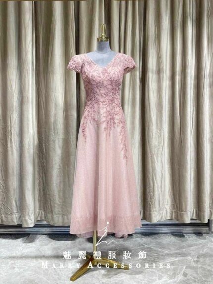 粉色立體縫珠蕾絲A字媽媽禮服
