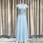 綠色拼鑽V領絲絨媽媽禮服