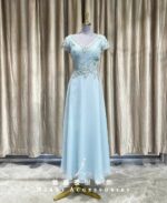 綠色拼鑽V領絲絨媽媽禮服