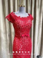 紅色蕾絲蝴蝶結收腰媽媽禮服