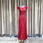 紅色蕾絲蝴蝶結收腰媽媽禮服