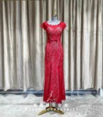 紅色蕾絲蝴蝶結收腰媽媽禮服