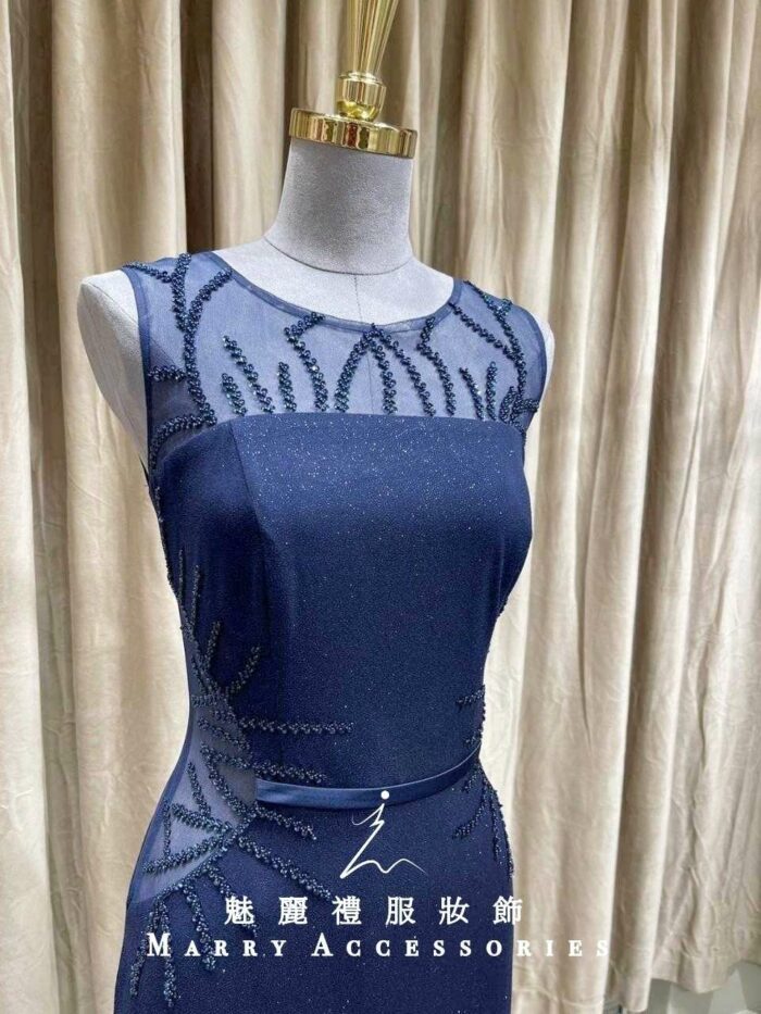 藍色無袖腰身簍空魚尾媽媽禮服