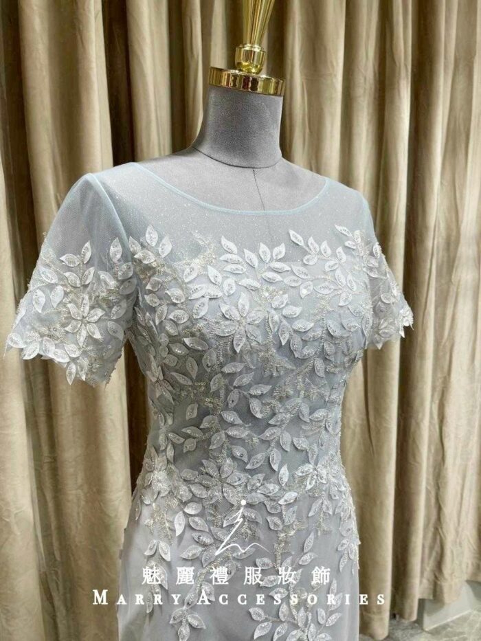 灰色立體葉子亮片媽媽禮服
