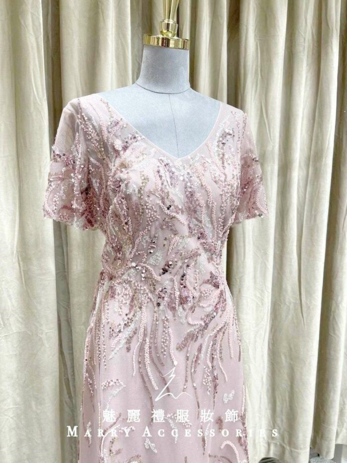粉色紋路亮片澎澎袖媽媽禮服