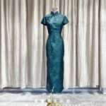 綠色古風花紋旗袍媽媽禮服