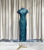 綠色古風花紋旗袍媽媽禮服