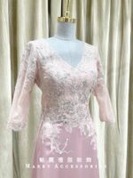 粉色漸變蕾絲繡花長袖媽媽禮服