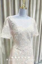 粉色短袖蕾絲繡花A字媽媽禮服