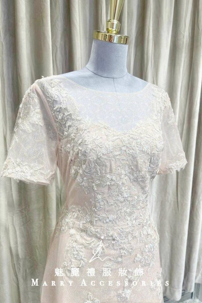 粉色短袖蕾絲繡花A字媽媽禮服