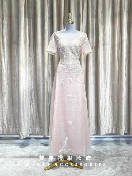 粉色短袖蕾絲繡花A字媽媽禮服