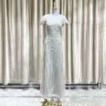 銀色圓領空紗金線蕾絲媽媽禮服