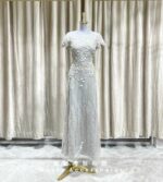 銀色圓領空紗金線蕾絲媽媽禮服