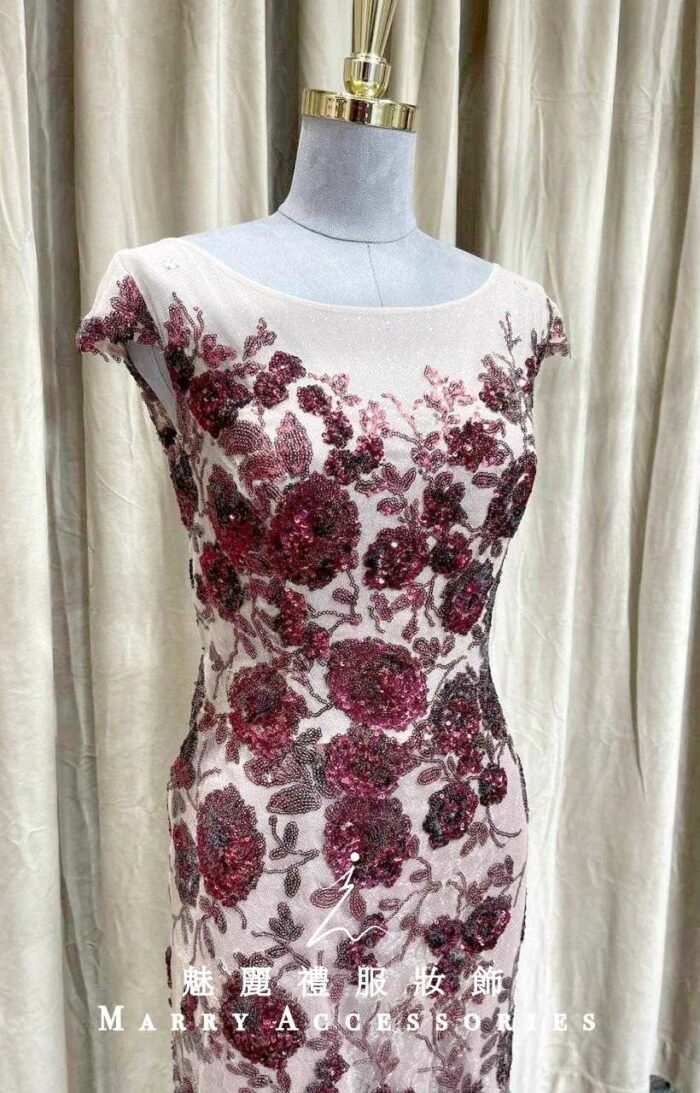 紅色蕾絲亮片繡花媽媽禮服