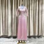 粉色漸變蕾絲繡花長袖媽媽禮服