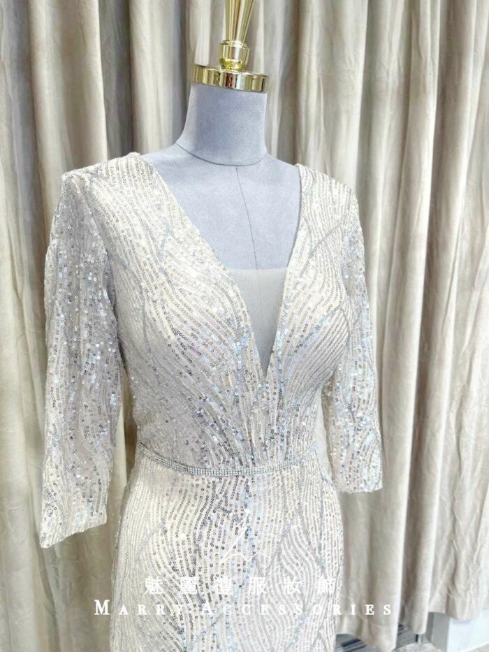 香檳金亮片半袖深V媽媽禮服 香檳金亮片半袖深V媽媽禮服