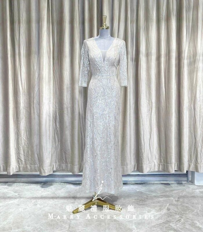 香檳金亮片半袖深V媽媽禮服 香檳金亮片半袖深V媽媽禮服