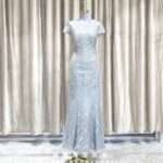 銀色刺繡亮片蕾絲晚宴媽媽禮服