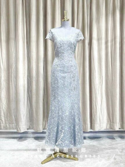 銀色刺繡亮片蕾絲晚宴媽媽禮服