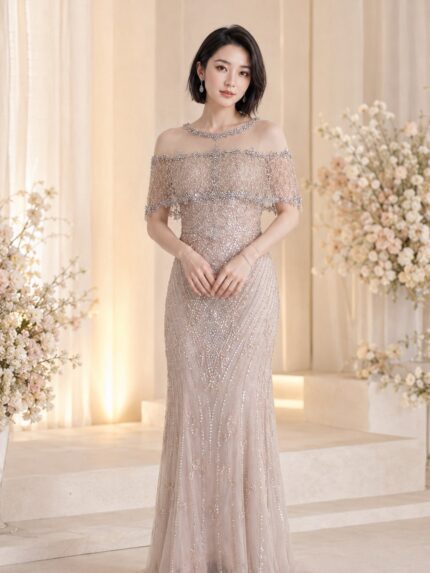香檳金斗篷滿鑽魚尾媽媽禮服