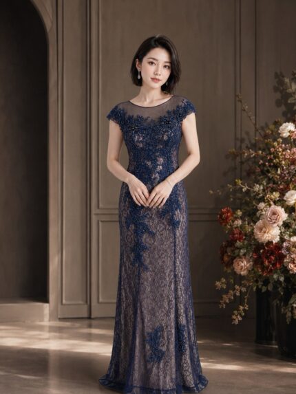 藍色古典花紋媽媽禮服