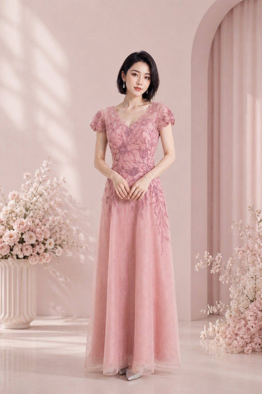 粉色立體縫珠蕾絲A字媽媽禮服 粉色立體縫珠蕾絲A字媽媽禮服