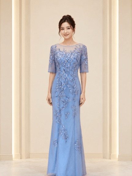 藍色刺繡亮片長袖魚尾台中媽媽禮服