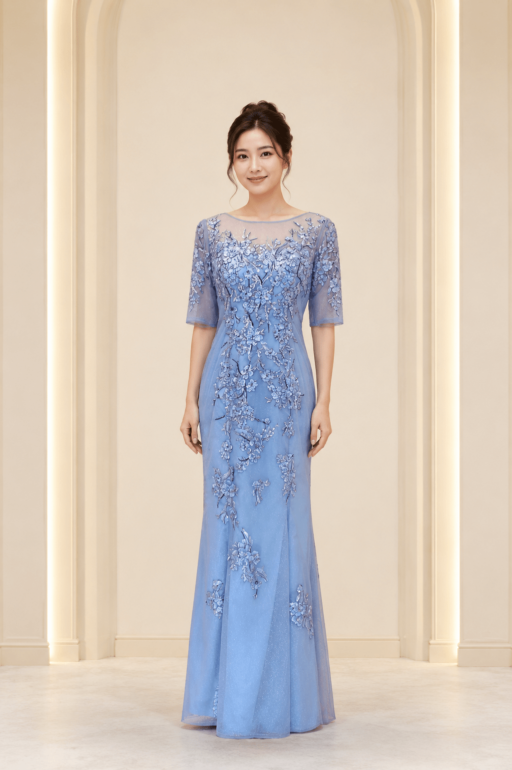 藍色刺繡亮片長袖魚尾台中媽媽禮服 藍色刺繡亮片長袖魚尾台中媽媽禮服