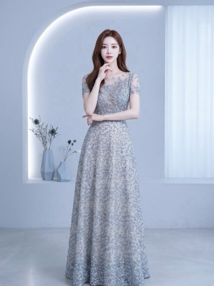 米藍色小清新碎鑽澎澎裙媽媽禮服