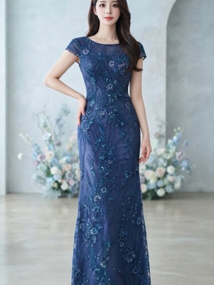 藍色蕾絲繡花圓領小包袖媽媽禮服