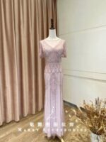 粉紫色滿鑽奢華魚尾媽媽禮服
