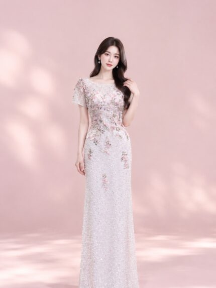 粉色清新小水鑽碎花媽媽禮服