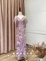 粉色大V領蝴蝶袖媽媽禮服