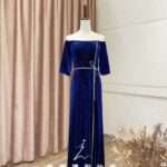 藍色水鑽蝴蝶結絨面長袖媽媽禮服