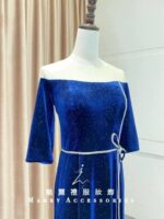 藍色水鑽蝴蝶結絨面長袖媽媽禮服