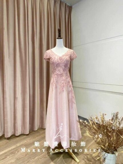 粉色管珠亮片A字媽媽禮服