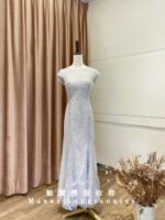 水藍色亮片蕾絲魚尾媽媽禮服