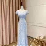 天空藍漸層刺繡蕾絲魚尾媽媽禮服