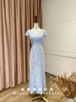 天空藍漸層刺繡蕾絲魚尾媽媽禮服