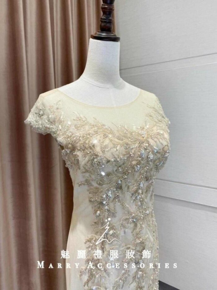 香檳金亮片百摺紗魚尾媽媽禮服