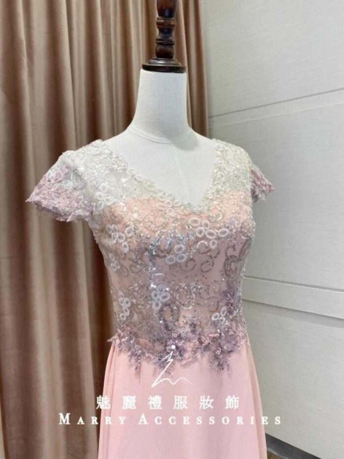粉色亮片珠鑽雪紡紗媽媽禮服