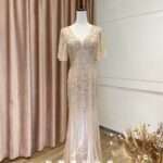 香檳金水袖排鑽魚尾媽媽禮服