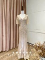 香檳金水袖排鑽魚尾媽媽禮服