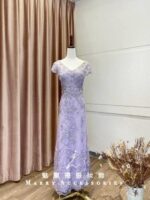 薰衣草紫V領珠工A字媽媽禮服